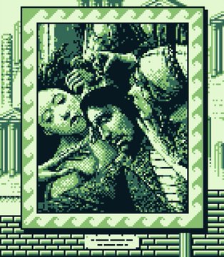 A green-toned pixel art image depicting a romantic embrace between two figures framed within a decorative border.