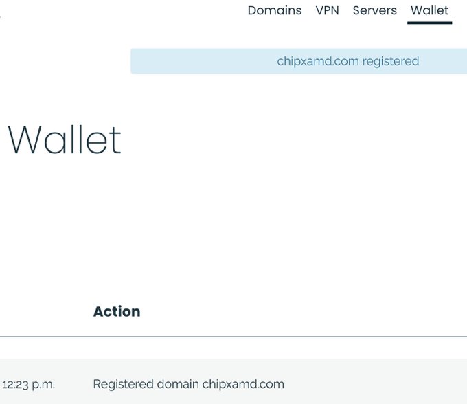 A screenshot of a website wallet interface showing the message 'chipxamd.com registered' and a log entry stating 'Registered domain chipxamd.com' at 12:23 p.m.