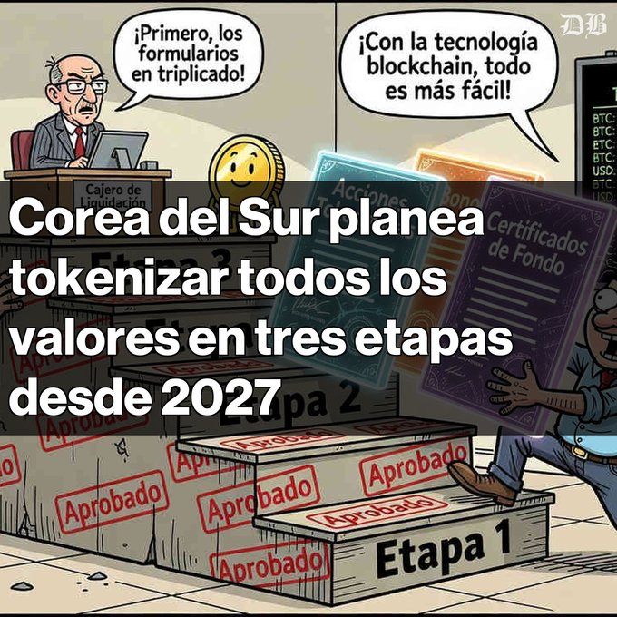A Spanish-language cartoon illustration with the headline 'Corea del Sur planea tokenizar todos los valores en tres etapas desde 2027', depicting bureaucrats and blockchain/crypto certificates with stages labeled 'Etapa 1', 'Etapa 2', and 'Aprobado'.