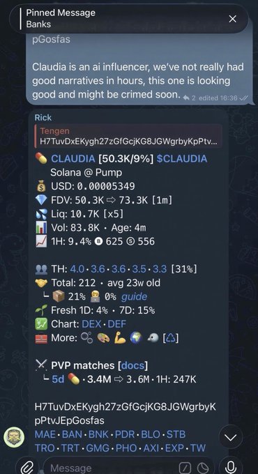 A Telegram pinned message from 'pGosfas' discussing 'CLAUDIA' as an AI influencer, alongside token data showing 'CLAUDIA [50.3K/9%] $CLAUDIA' on Solana with market stats.
