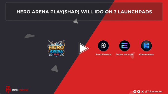 Announcement graphic for 'HERO ARENA PLAY ($HAP)' IDO on 3 launchpads: Poolz Finance, Ember Network, and Kommunitas, branded by Token Hunter.
