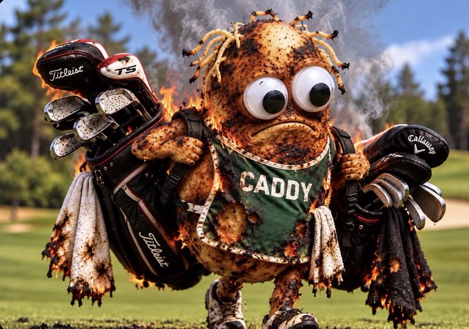 A charred, anthropomorphic golf ball caddie labeled "CADDY" is engulfed in flames while carrying golf bags branded "Titleist TS" and "Callaway," with smoke billowing around its wide-eyed, grimacing face. The distressed "burning caddie" visually represents the "GM to the believers" sentiment tied to the $APE ticker, symbolizing intense financial heat and the chaotic energy surrounding the stock.