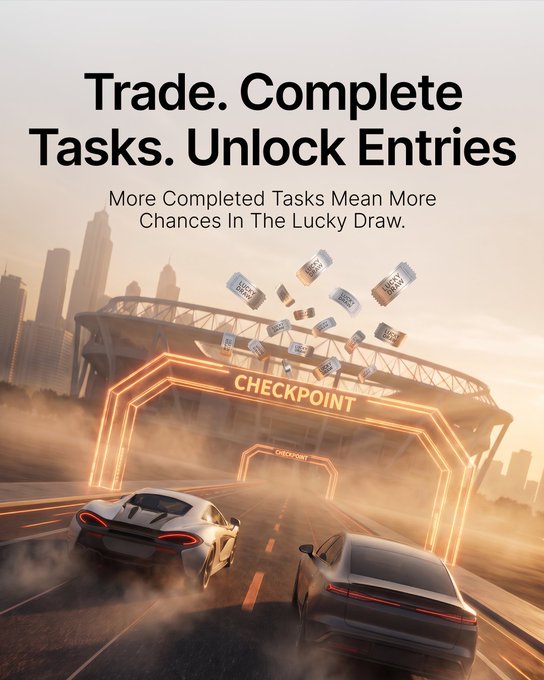A promotional ad featuring sports cars speeding through glowing orange "CHECKPOINT" arches on a highway, with tickets flying out of the arches and the tagline "Trade. Complete Tasks. Unlock Entries — More Completed Tasks Mean More Chances In The Lucky Draw." The racing imagery ties into the post's message of completing tasks to earn lucky draw entries for a chance to win from 100K USDT.