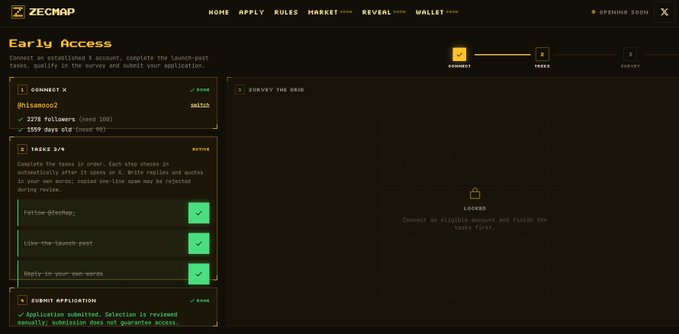 Another screenshot of the 'ZECMAP' Early Access interface, displaying tasks like 'Follow @ZecMap' and 'Like the launch post' under 'TASKS 3/4', with a 'LOCKED' grid awaiting connection.