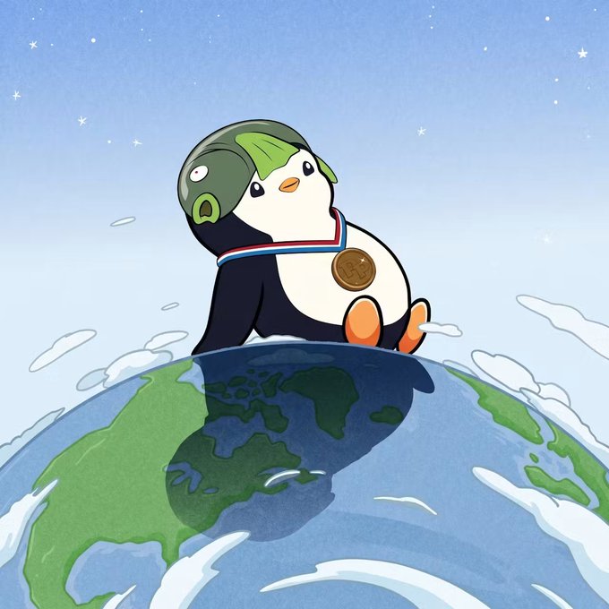 A cartoon penguin wearing a green helmet and a Bitcoin medal sits atop planet Earth beneath a starry sky, symbolizing global crypto optimism that ties into the "Gm, new week new opportunities!" message about fresh possibilities in the crypto space.