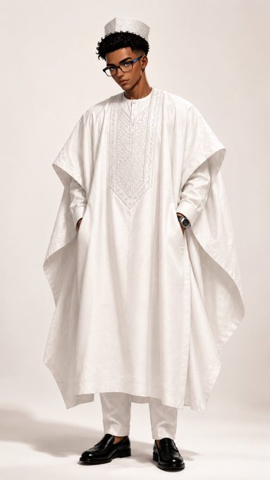 A young man with glasses posing in traditional white African attire, including a flowing agbada/boubou robe with embroidery and a matching fila cap, paired with black leather shoes.