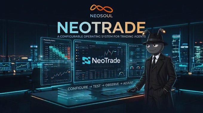 A promotional graphic for "NEOSOUL NEOTRADE - A Configurable Operating System for Trading Agents" featuring a cartoon character in a trench coat and fedora beside multiple trading dashboards, with the text "CONFIGURE → TEST → OBSERVE → ADJUST."