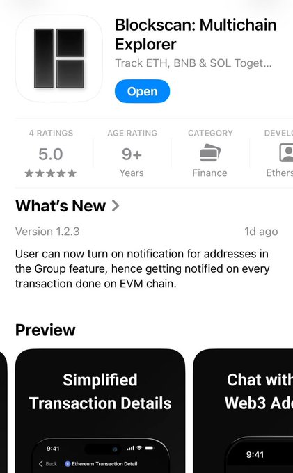 The image shows the Blockscan: Multichain Explorer app store page, rated 5.0 with 4 ratings, featuring "What's New" in Version 1.2.3 about enabling transaction notifications for addresses in the Group feature on the EVM chain—directly illustrating the post's announcement about delivering the top-requested push notification feature for onchain transactions.