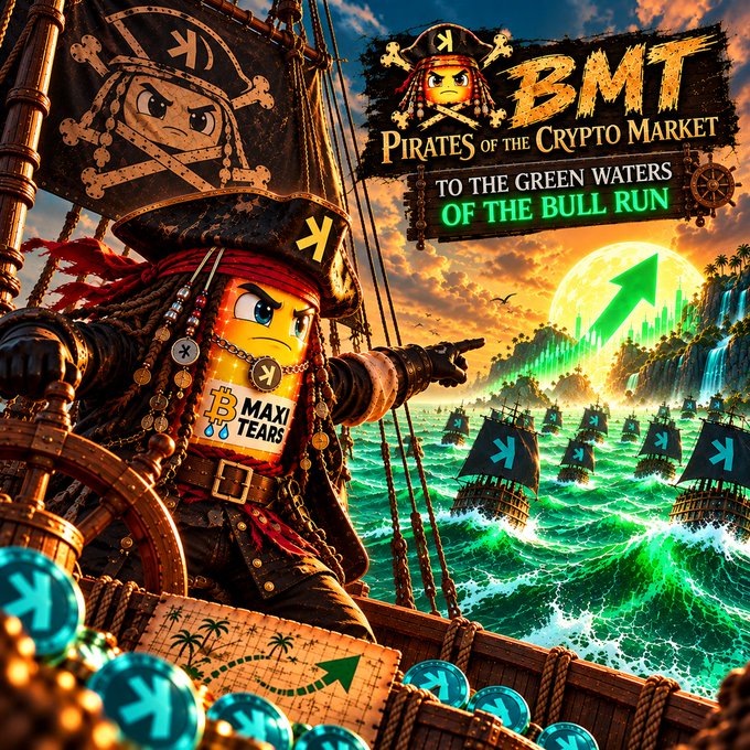 A digital illustration titled "BMT Pirates of the Crypto Market: To the Green Waters of the Bull Run" depicts a LEGO-style pirate figure wearing a Bitcoin-themed shirt, standing on a ship with a fleet of pirate ships bearing "K" logos sailing on green waters.