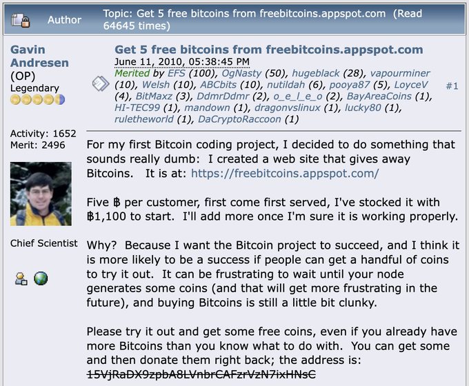 A screenshot of a Bitcointalk forum post dated June 11, 2010, by user "Gavin Andresen (OP)" titled "Get 5 free bitcoins from freebitcoins.appspot.com," in which the Chief Scientist announces his first Bitcoin coding project—a faucet website at https://freebitcoins.appspot.com/ that distributes 5 BTC per customer on a first-come, first-served basis from an initial stock of ₿1,100, serving as a legendary early demonstration of Bitcoin's potential value, which at today's prices would be worth over $400,000 for that single user's first-come share.