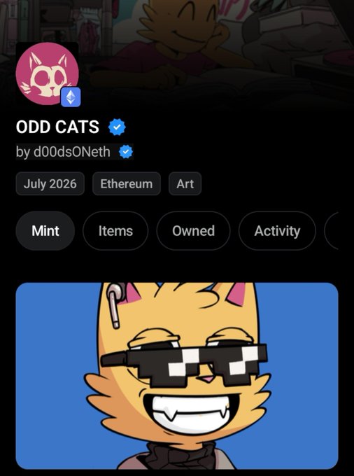A mobile screenshot of an NFT minting page displaying "ODD CATS by d00dsONth" on Ethereum, set to launch in July 2026, featuring a cartoon cat character with pixelated sunglasses. The image accompanies a post announcing the mint with a supply of 5,555 and a mint price of $6.