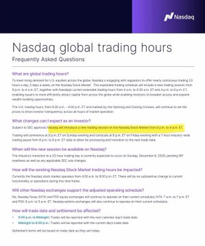 An informational graphic titled 'Nasdaq global trading hours' with 'Frequently Asked Questions' text detailing market hours and trading information.
