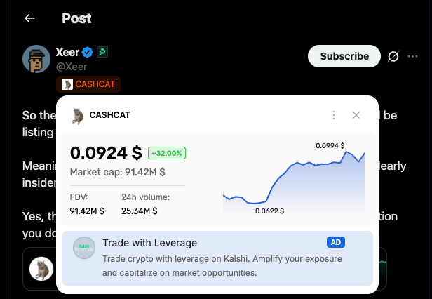 A X (Twitter) post by @Xeer shows a crypto token called CASHCAT with a price of 0.0924$ (+32.00%), a market cap of 91.42M$, and a chart showing a price increase from 0.0622$ to 0.0994$, with an advertisement for Kalshi leverage trading.