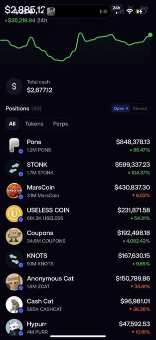 A mobile crypto portfolio app showing a total cash balance of $2,677.12 and positions including Pons ($848,378.13, +86.47%), STONK ($599,337.23, +104.37%), MarsCoin ($430,837.30), USELESS COIN ($231,871.58, +54.31%), and Coupons ($192,498.18, +4,082.42%).