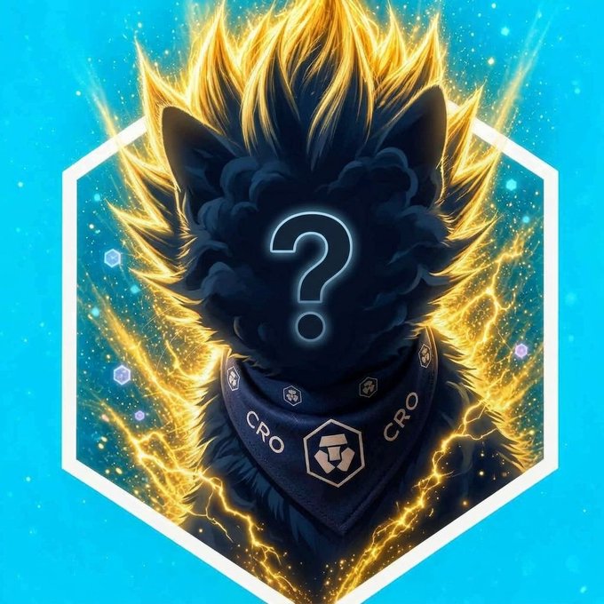 Digital artwork featuring a dark, shadowy wolf or dog figure with a glowing blue question mark on its face, wearing a bandana with 'CRO' logos and a hexagonal symbol, surrounded by electric yellow energy against a cyan background.