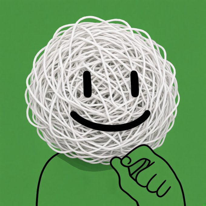 A digital illustration features a character with a head made of a tangled ball of white yarn, showing a simple black smiley face and green body, giving a thumbs-up against a solid green background.