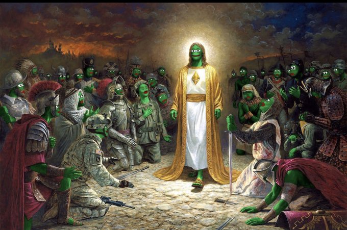 A meme-style parody artwork depicting green Pepe frogs in a religious scene, with a central figure in golden robes surrounded by kneeling warriors, reminiscent of classical Renaissance paintings.