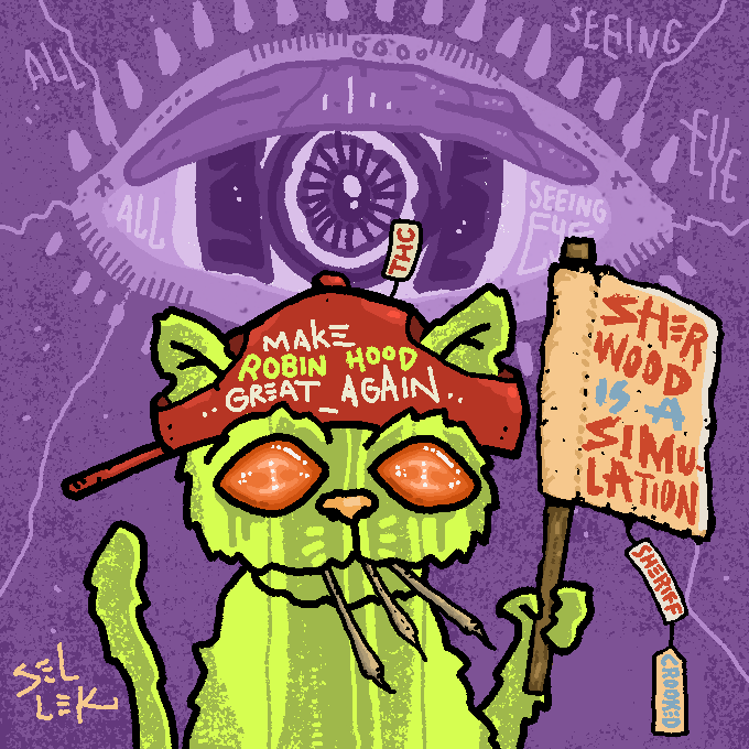 An illustration of a green cat wearing a red 'Make Robin Hood Great Again' cap, holding a sign that reads 'Sherwood is a Simulation,' set against a purple background with an all-seeing eye.