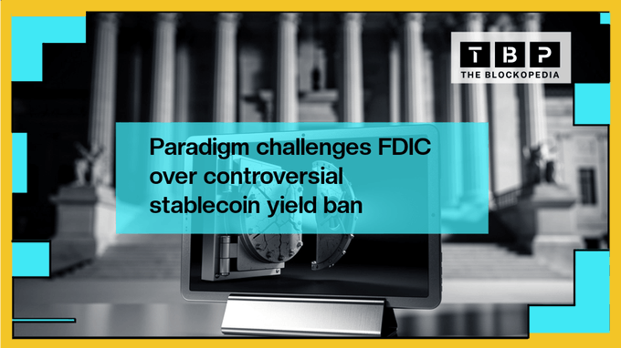 The image features a poster with a computer monitor displaying an advertisement for the FDIC, which appears to be promoting stablecoins or digital tokens. The poster also includes text about the FDIC's proposed framework for stablecoin issuers that would ban them from distributing rewards and impose yield restrictions on third parties. The poster is set against a backdrop of columns and a building, suggesting it might be located in an office or financial institution setting.