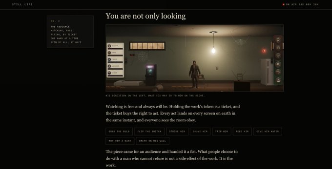 A dark, atmospheric website interface titled 'You are not only looking' that describes an interactive art installation with ticket purchase options, showing a dimly lit gallery room with a man and a machine.