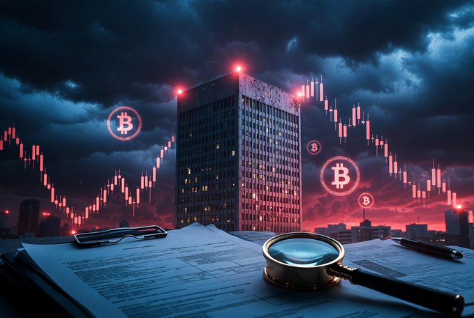 A dark, dramatic scene shows a tall office building under stormy skies with red Bitcoin logos and descending stock chart candlesticks, while financial documents, a magnifying glass, and a pen lie in the foreground—visually reinforcing the post's theme of an investigation into potential securities law violations by Strategy.