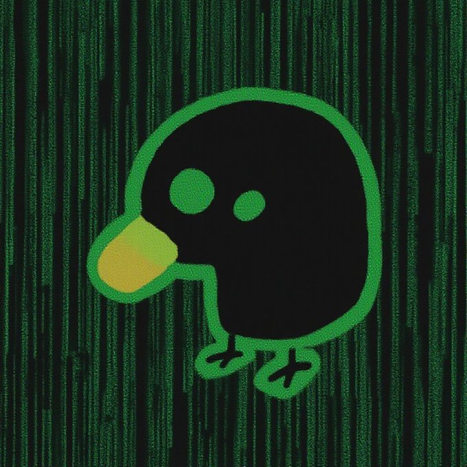 A simple, stylized green cartoon character with a black round body, a yellow beak, and X-shaped feet stands against a textured dark green striped background.