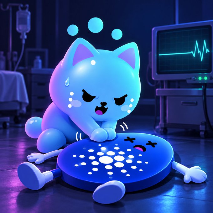 A digital illustration of a sad blue cartoon cat pressing on an unconscious round blue character in a hospital room with a heart monitor in the background.