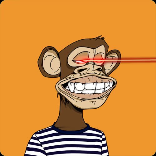 urn monkey with red eyes, blue mouth, and striped shirt stands against a bright orange background.