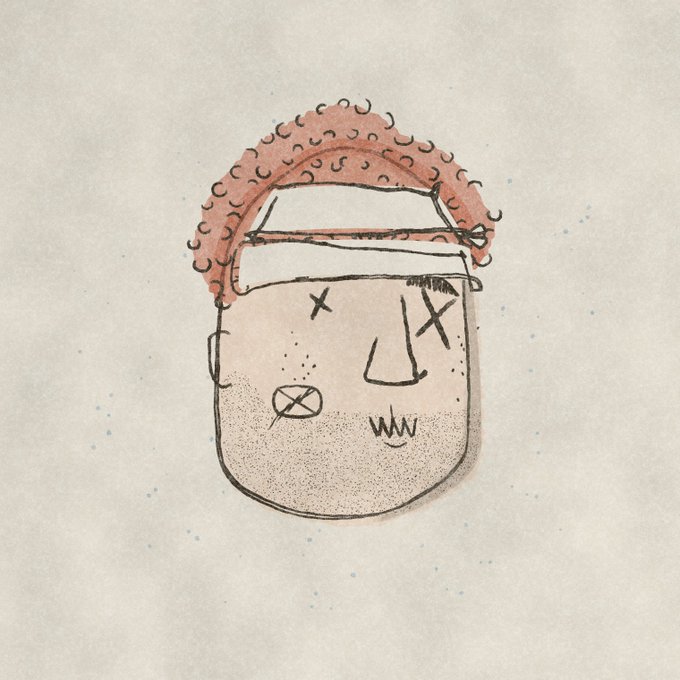 A whimsical watercolor and ink illustration of a stylized face with closed X-shaped eyes, a triangular nose, and a stitched smile, topped with pink curly hair against a beige background.