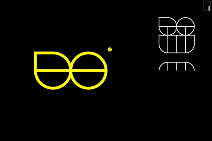A black background displaying two stylized geometric logos: a yellow one on the left resembling an infinity symbol with a small circle, and a white one on the right composed of rounded square shapes.