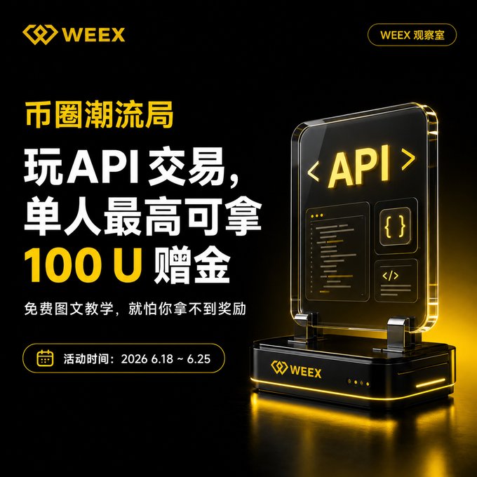 The image features an advertisement for the Weex platform that highlights the use of APIs. The black background with a yellow sign showcases the Weex logo at its center, with white text below displaying "api" written in Chinese characters alongside "100 U". Below this, there is another description provided in a language other than Chinese, likely English or German. Additionally, the image includes an illustration of a glass block or stand containing an API key, reinforcing the idea that APIs are used to obtain access to online services or platforms. The primary focus of the advertisement seems to be on the accessibility and ease of use of APIs for various purposes like trading, monitoring, and managing online activities.