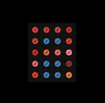 A dark grid interface shows a 5x5 array of rounded checkmark icons in various colors including red, blue, pink, and orange.