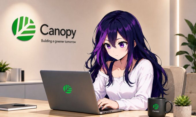 An anime-style illustration of a purple-haired girl working on a laptop branded with the Canopy logo, with the 'Canopy - Building a greener tomorrow' logo displayed in the background and a matching branded mug on the desk.