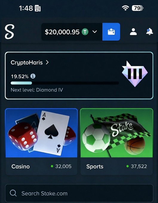 This image shows the Stake.com interface, displaying a balance of $20,000.95 and options for "Casino" and "Sports." The user "CryptoHaris" is at 19.52% towards their "Diamond IV" level, complementing the giveaway announcement.