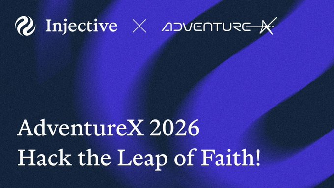 The image features a banner advertising an event called "AdventureX x X", where companies like Injective, AdventureX, and a co-host named Chú Anh are involved. The company name "AdventureX" appears twice, with one in the title of the event and another in the phrase "Hack the Leap of Faith!". This implies that there will be an activity related to blockchain technology or cryptocurrency where people can learn how to hack into blocks on a public ledger called a blockchain, which can lead to significant financial gains.