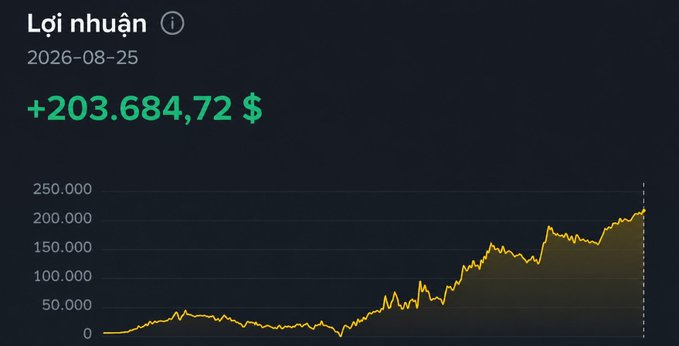 A profit/loss chart in Vietnamese showing 'Lợi nhuận' (Profit) of +203,684.72 $ dated 2026-08-25, with a yellow line graph showing an upward trend on a dark background.