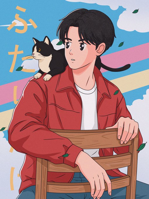 An anime-style illustration of a young man in a red jacket sitting on a wooden chair with a black and white cat perched on his shoulder, against a background featuring Japanese text and falling leaves.