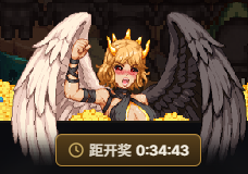A pixel art character of a blonde woman with one white angel wing and one black wing, wearing a crown and black outfit, with a countdown timer reading '0:34:43' below.