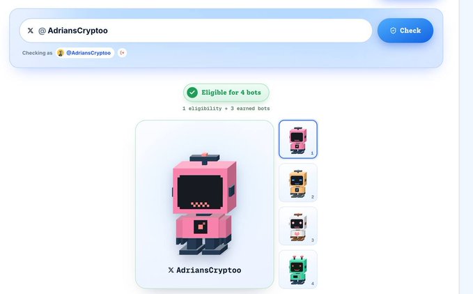 A web interface showing an eligibility check for the X user @AdriansCryptoo, confirming eligibility for 4 bots with 1 eligibility and 3 earned bots, displaying pixel-art bot avatars.