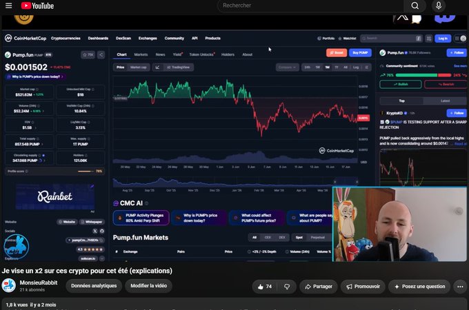 A French-language YouTube video screenshot showing crypto market analysis on CoinMarketCap with PUMP.fun price charts, titled 'Je vise un x2 sur ces crypto pour cet été (explications)' by MonsieurBabbit.