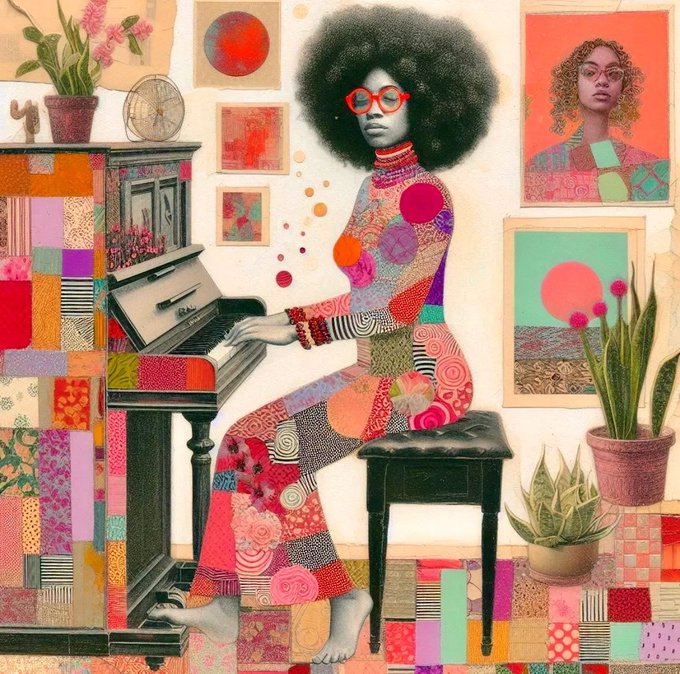 This colorful digital collage titled "Lanett’s Nocturne Love" by artist @ArtByALKEBULAN depicts a woman with an afro playing a piano amidst various abstract artworks and plants.