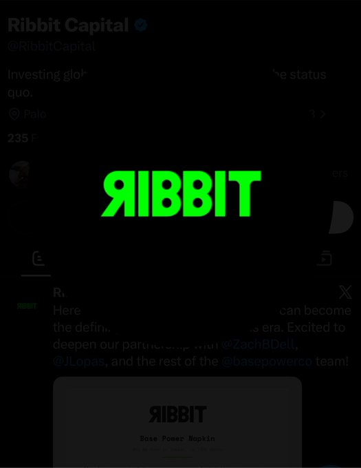 A dark screenshot of the Ribbit Capital Twitter/X page, featuring a large green "RIBBIT" logo overlaid in the center and a "Base Power Napkin" image below it, while the post declares the team as "$TIBBIR bulls"—a reference to the ticker associated with the Ribbit-backed Base ecosystem.