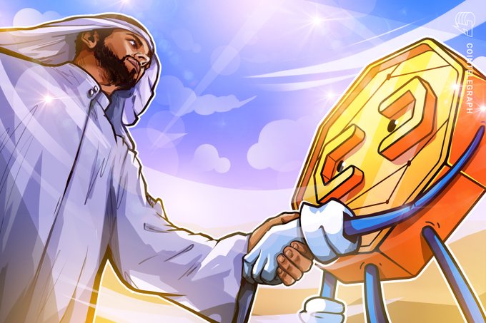 Crypto-themed illustration showing a man in traditional Arab white thobe and ghutra holding a gold Bitcoin box, with 'Cointelegraph' watermark in the corner.