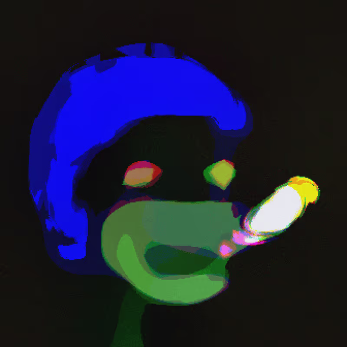 An abstract digital painting in a blue, green, and yellow color palette depicting a distorted face or figure against a dark background with psychedelic visual effects.