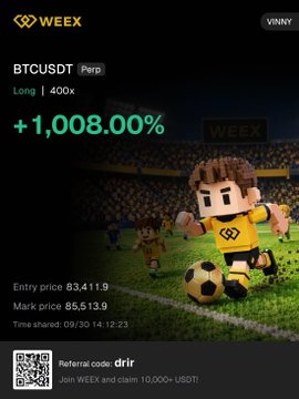 A promotional graphic from WEEX exchange showing a BTCUSDT Long position with 400x leverage, a +1,008.00% gain, entry price 83,411.9, mark price 85,613.9, shared by user VINNY.