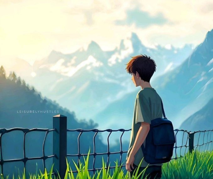 An anime-style illustration of a young person with a backpack gazing at snow-capped mountains, watermarked 'LEISURELYHUSTLES'.