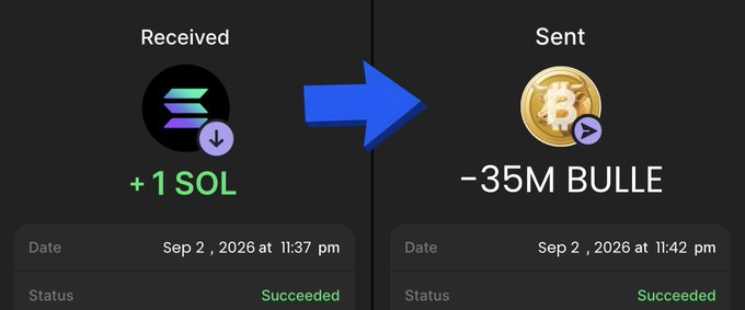 A transaction receipt showing a successful presale purchase: 1 SOL received on Sep 2, 2026 at 11:37 pm, followed by 35,000,000 BULLE tokens sent at 11:42 pm, confirming the 1 SOL = 35M BULLE presale conversion ratio advertised.