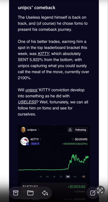 The image shows a Fomo newsletter post about user "unipcs" making a comeback with notable gains on $KITTY, which reportedly surged 5,922%, with unipcs capturing over 2100% profit on the trade, as shown in the attached trading chart displaying a price of $0.00415.