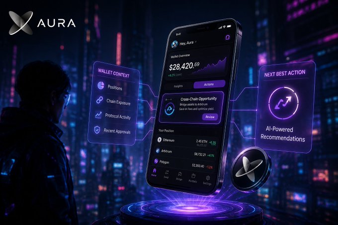 A futuristic promotional image for 'AURA' showing a smartphone displaying crypto wallet analytics ($28,420.69 balance), AI-powered recommendations for 'Cross-Chain Opportunity,' and wallet context including positions and protocol activity, set against a neon cyberpunk cityscape.