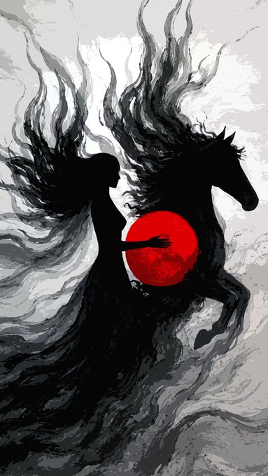 A stylized digital artwork depicting the silhouette of a woman with flowing hair reaching toward a red sun, alongside the silhouette of a black horse, rendered in black, white, and red tones.